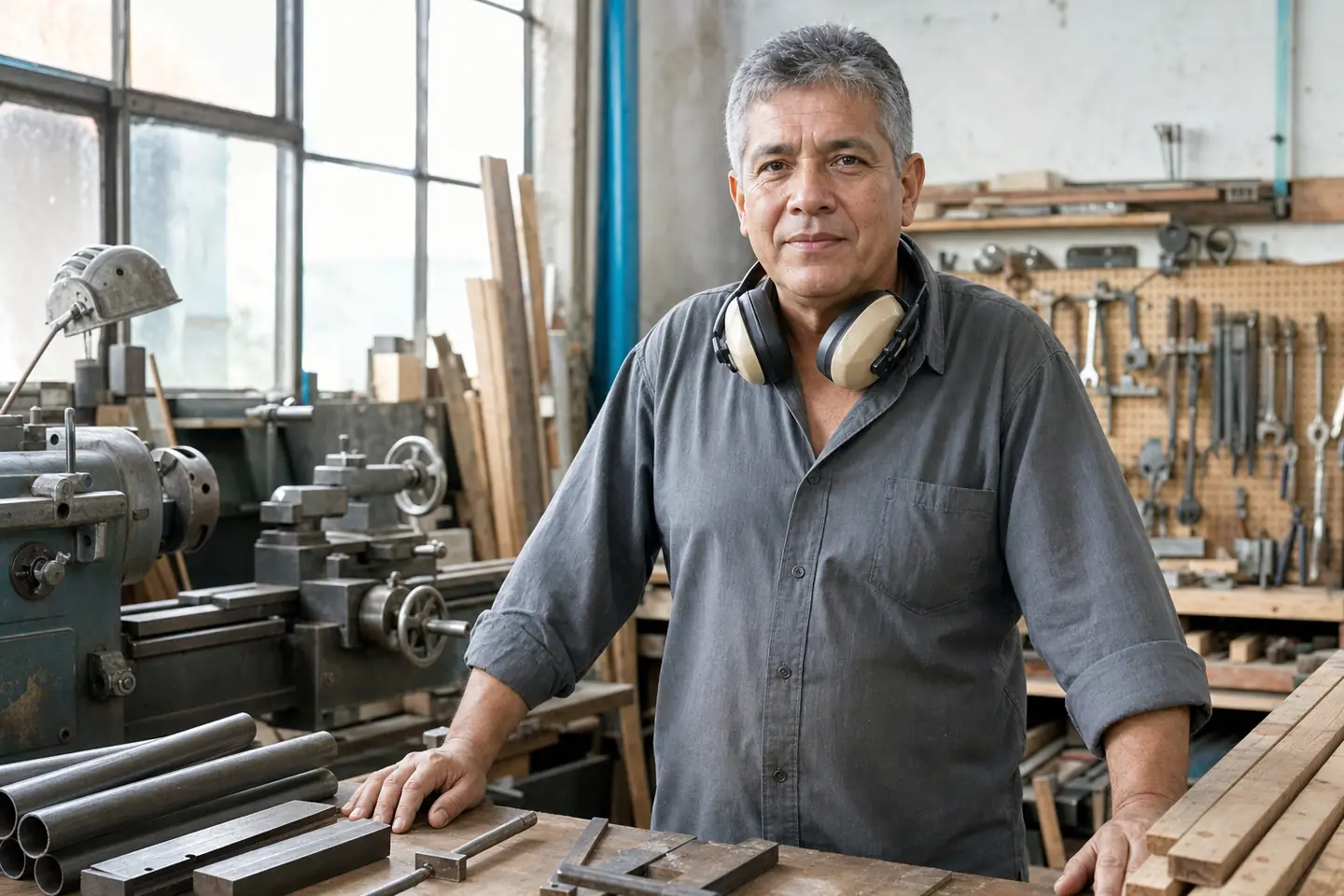 Hombre de unos 58 años en un taller con torno y herramientas, con orejeras de protección colgadas al cuello